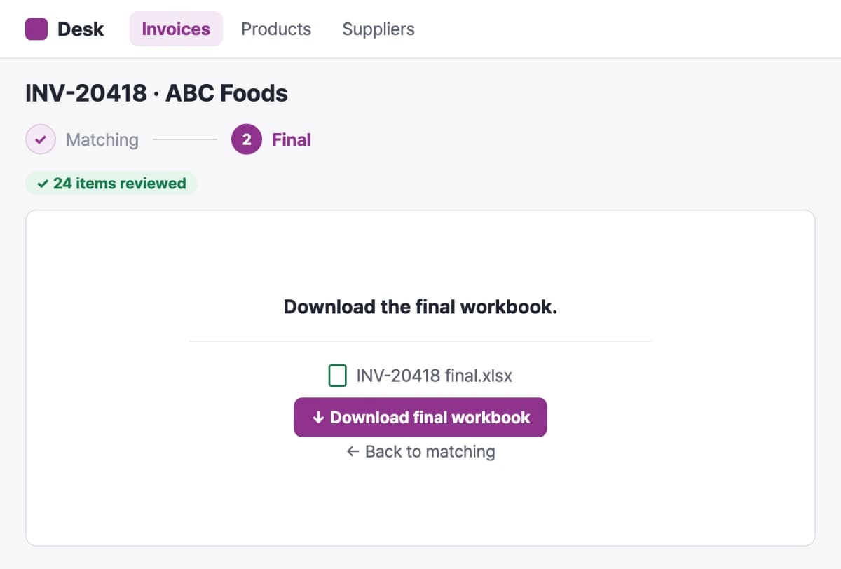 The final step of an invoice, with a prepared workbook ready to download