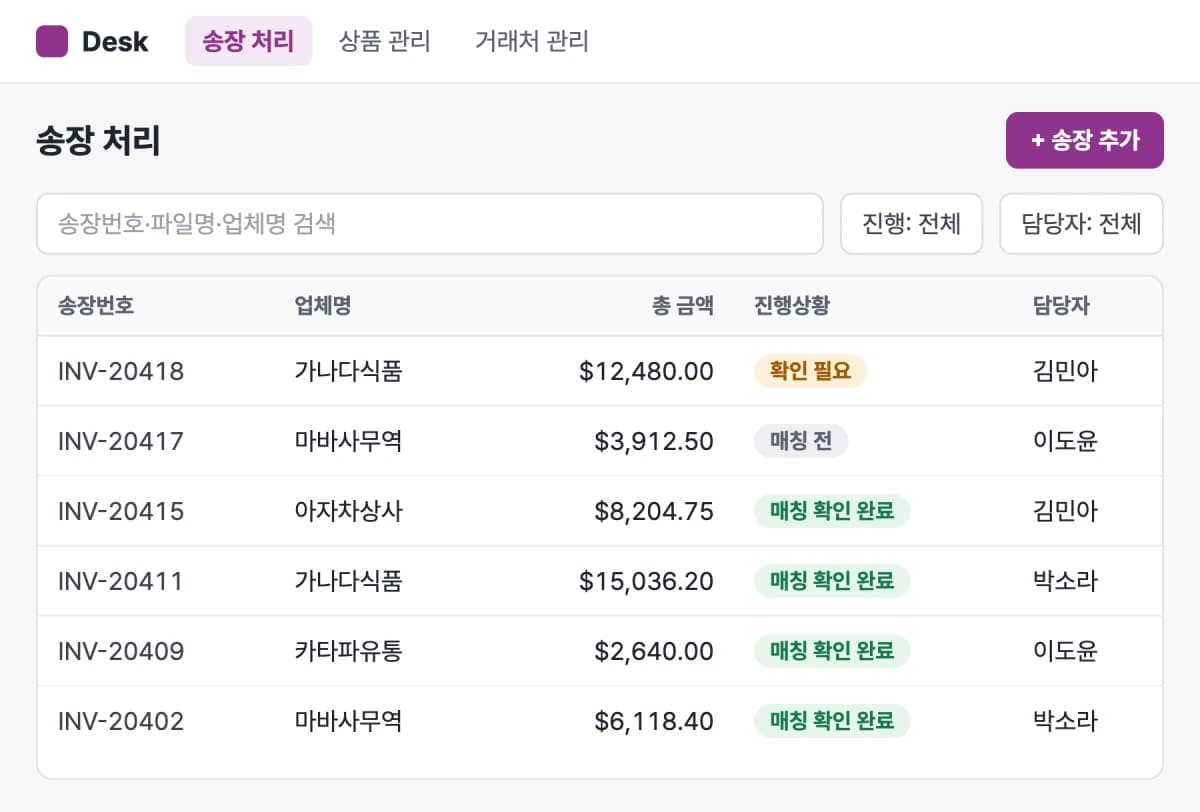 송장번호, 업체명, 송장일, 총 금액, 진행상황, 담당자가 표시된 공급업체 송장 목록